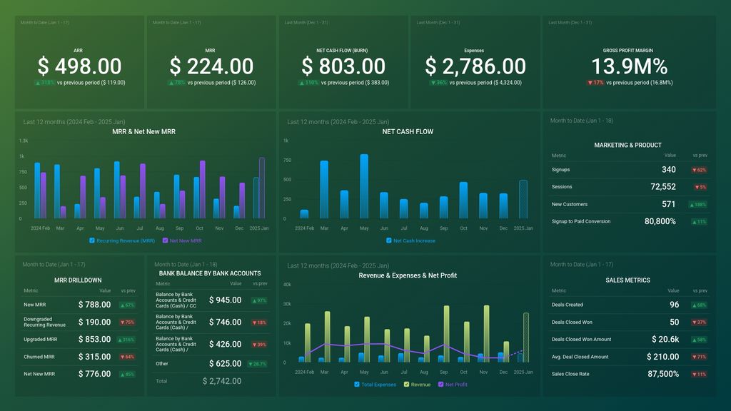 SaaS Leadership Dashboard Template (Profitwell + QuickBooks)